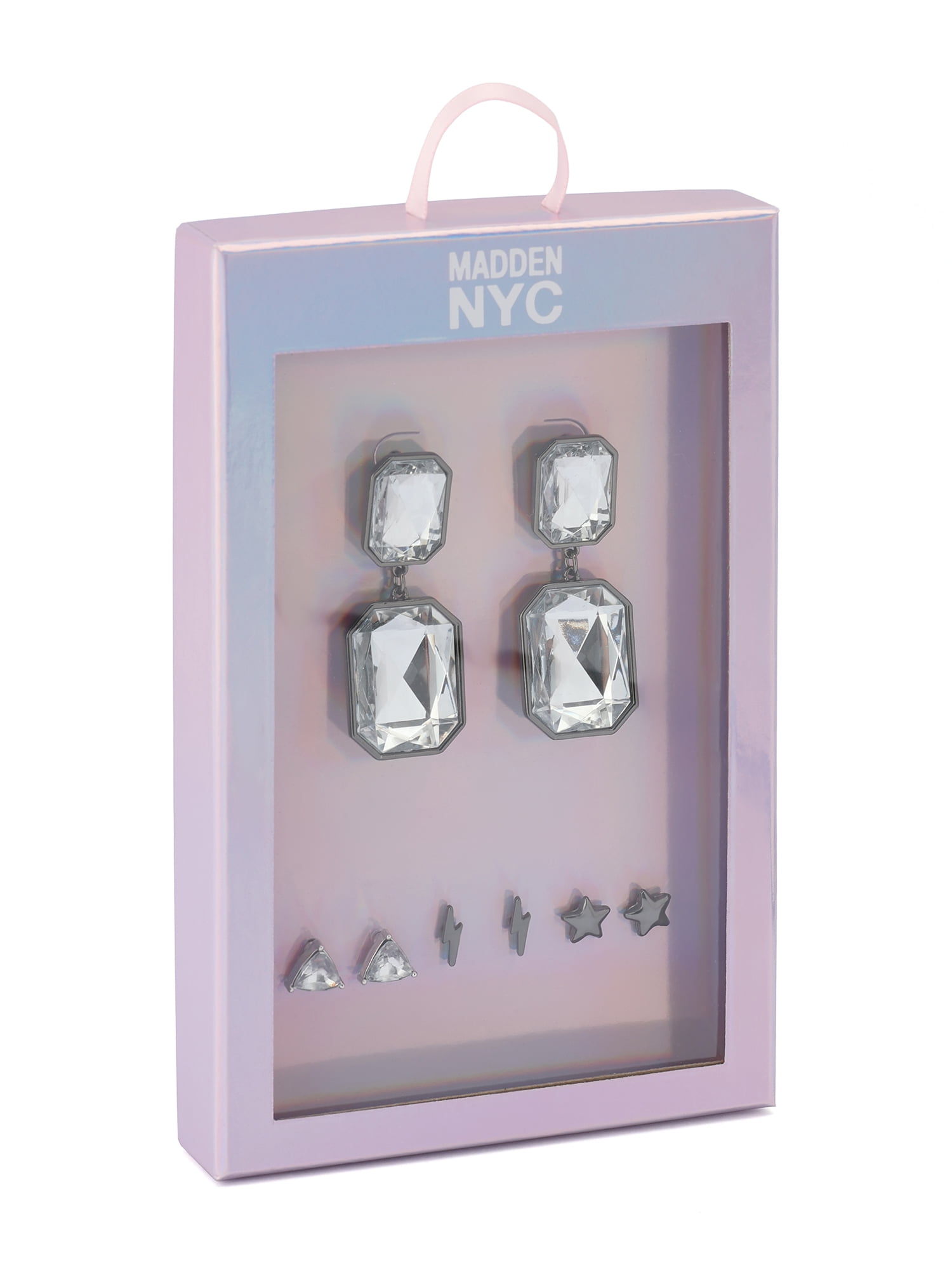 Madden NYC Women's Fashion Rhodium Stone Gem Drop & Stud Earring 4-Piece Giftable Boxed Statement Set