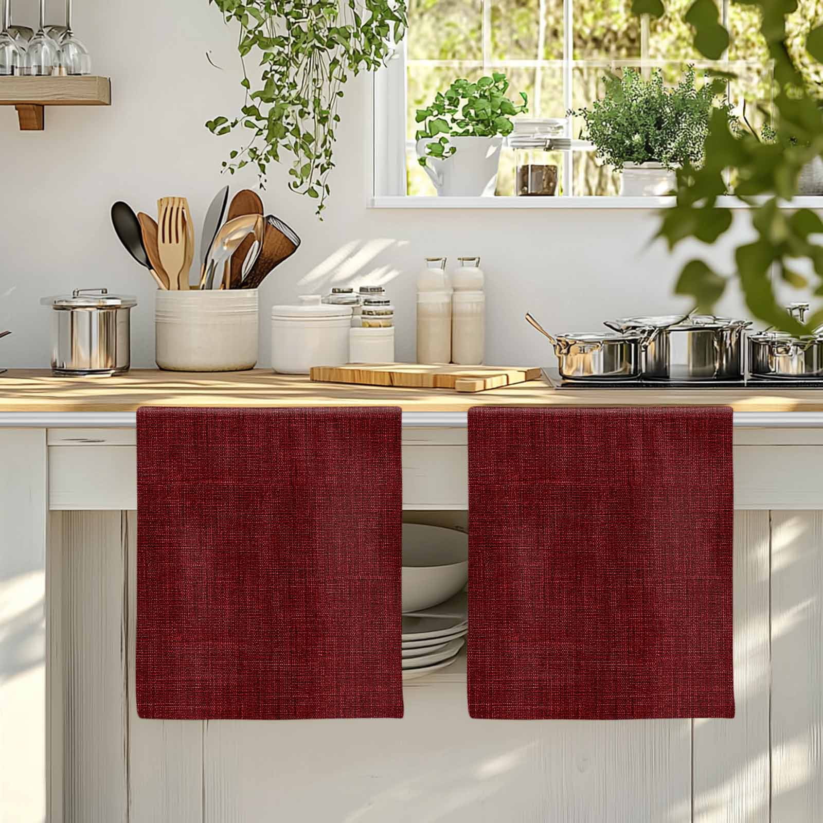 Dark Red Microfiber Kitchen Towel, Farmhouse Burlap Solid Red Color Modern Linen Texture Soft Absorbent Dish Towels, Quick Drying Washable Dishcloths for Kitchen Cleaning, Drying Dishes, 18x28 Inches