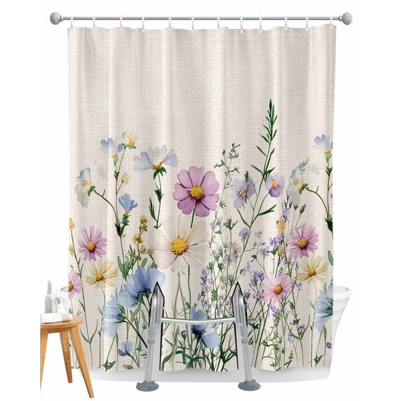 Split Shower Curtain for Transfer Bench, Spring Floral Fabric Shower Curtains for Bathroom, Watercolor Herbs Summer Botanical Rustic Tub Sliding Transfer Bench Waterproof Bath Curtains 72"x84"
