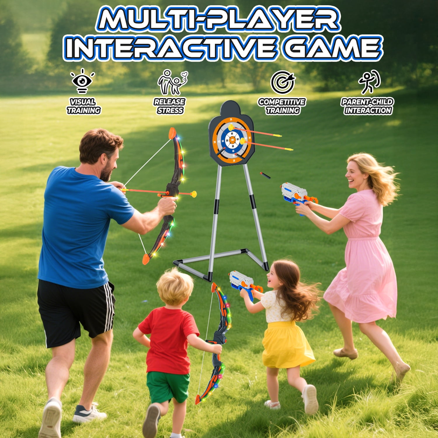 Hot Bee 2 in 1 Light-up Bow and Arrow Standing Shooting Targets Toys, Archery & Foam Dart, 2 LED Bows & 24 Arrows, Indoor Outdoor Shooting Game Christmas Toy Gift for Kids Ages 5-12