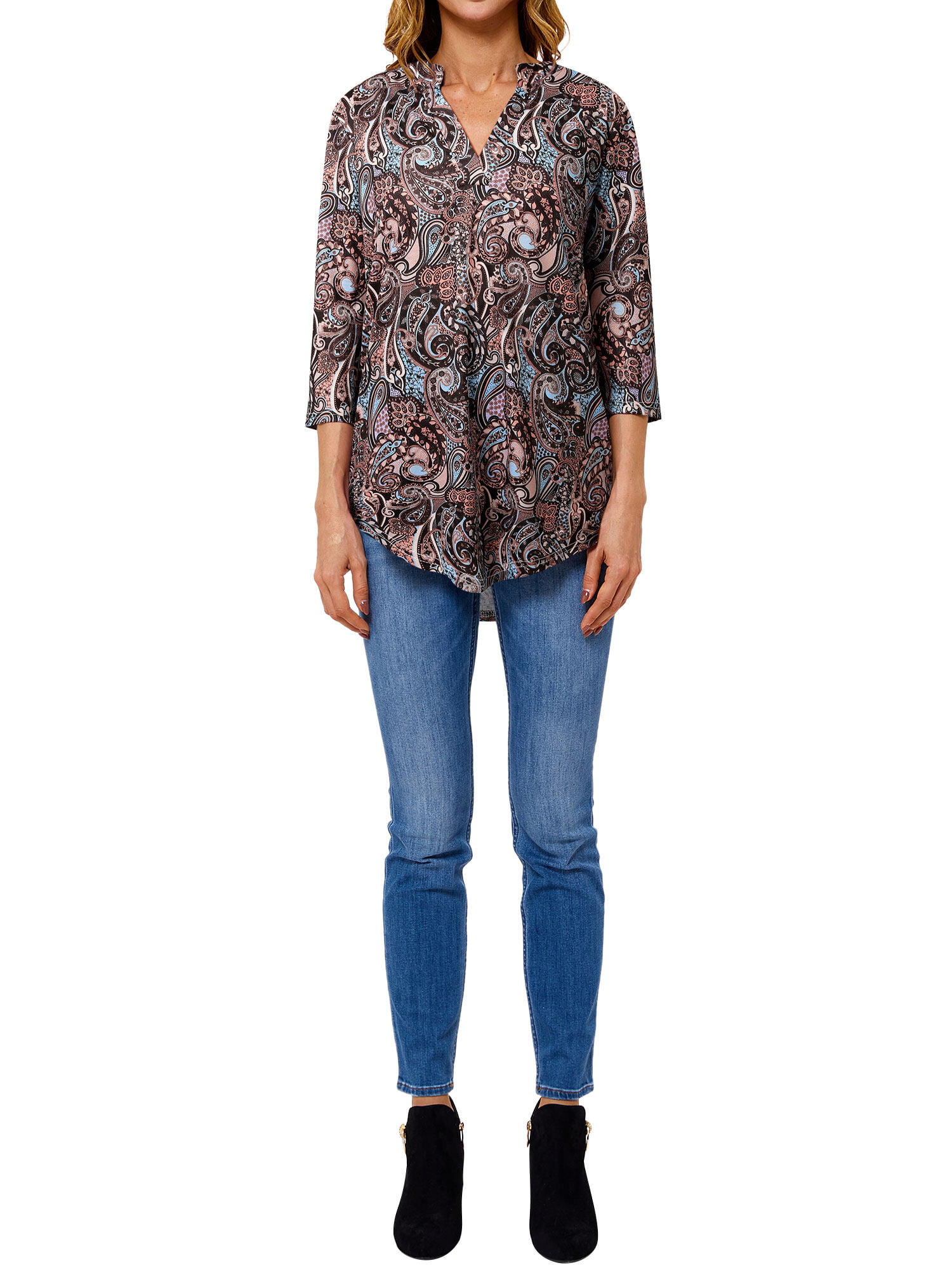 Relaxed fit printed top with 3/4 sleeves - Abstract paisley
