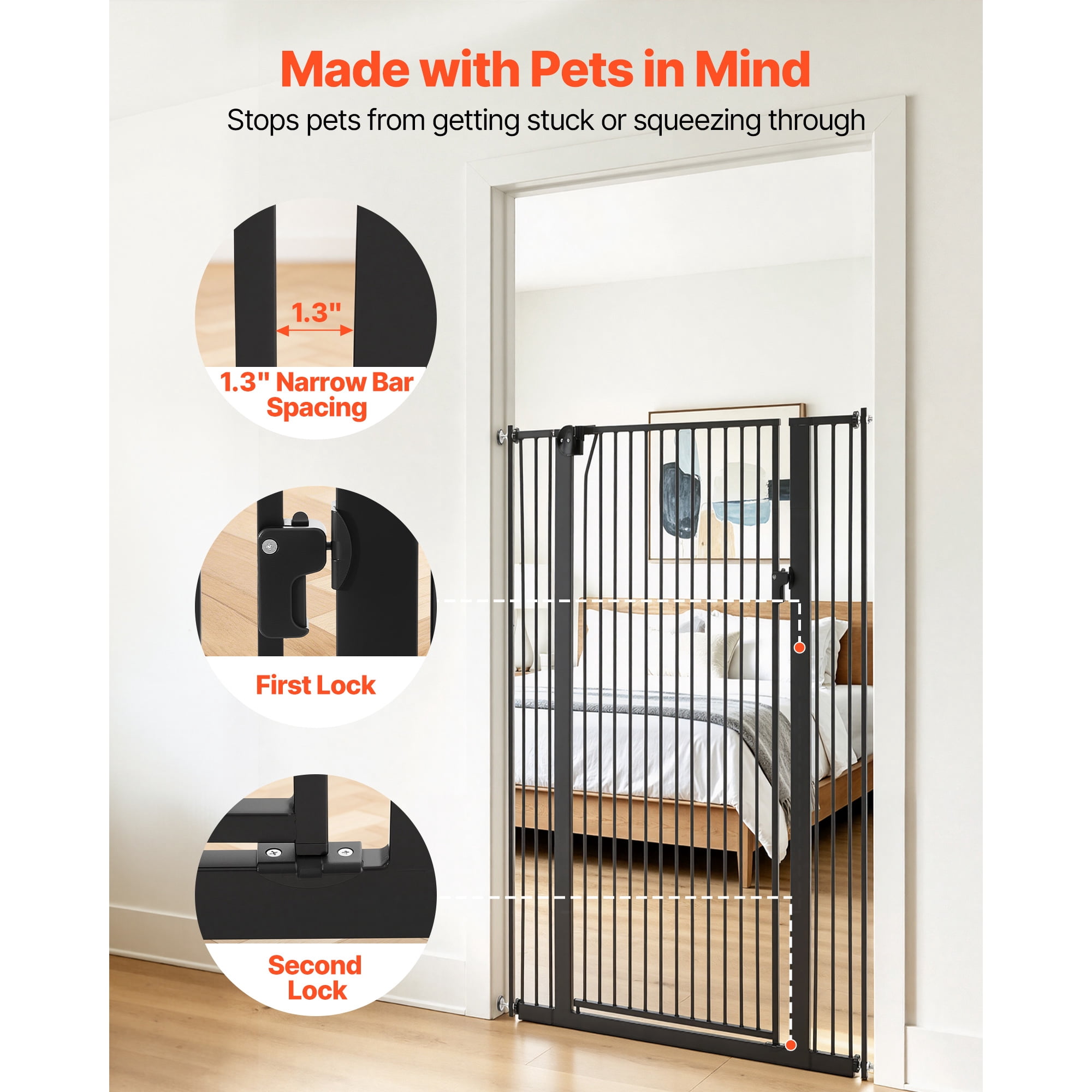 KFFKFF Extra Tall Pet Gate for Cats, Adjustable Width 29-41 in, 56 in High Dog Gate, Includes Pressure and Wall Mount Kits, 1.3 in Narrow Bar Spacing, Suitable for Stairs, Doorways,and Home Use,Black