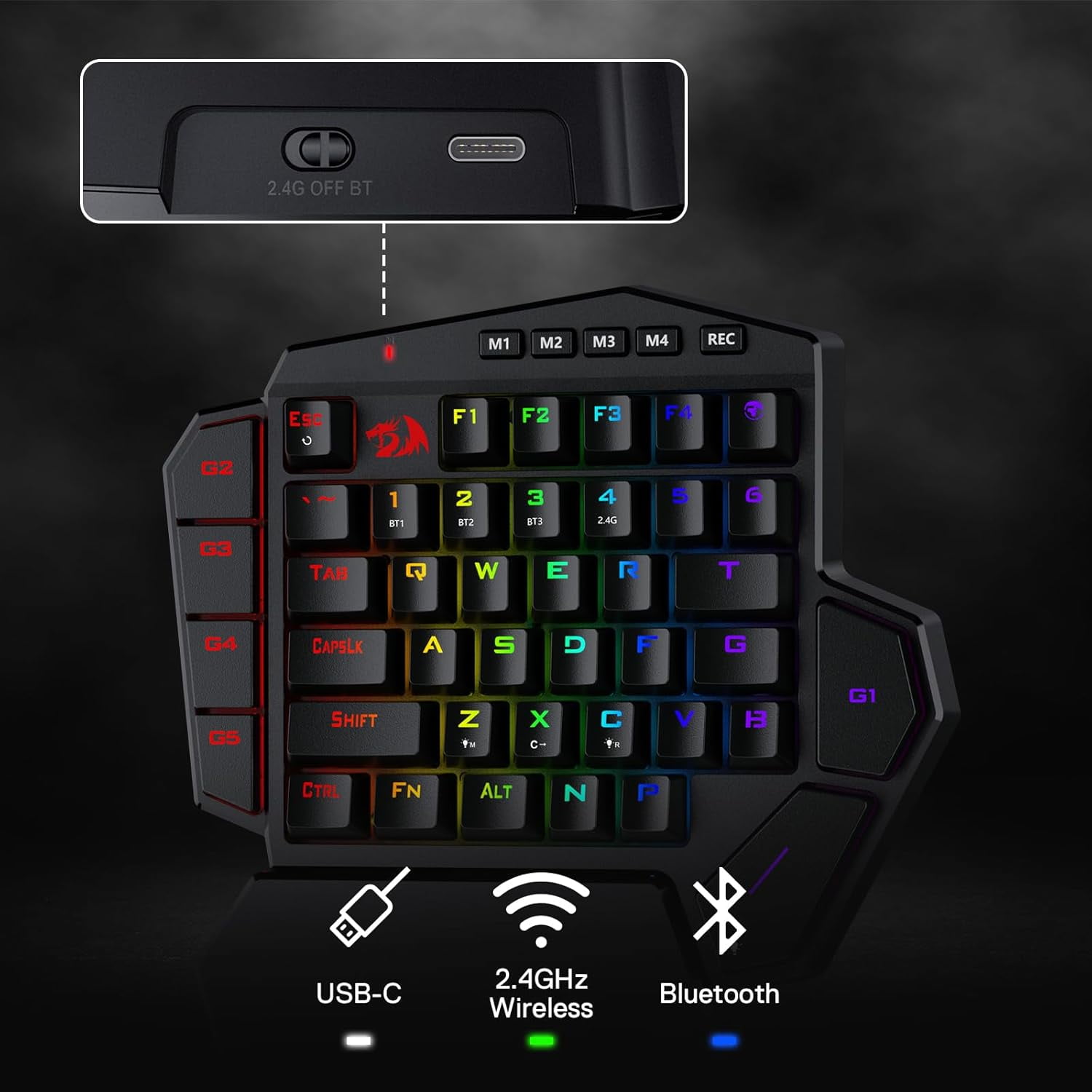 Redragon K585 PRO Wireless One-Handed Mechanical Keyboard, 42 Keys 3-Mode RGB 40% Gaming Keypad w/ 7 Onboard Macro Keys, Detachable Wrist Support, Rechargeable Battery (Blue Switch)