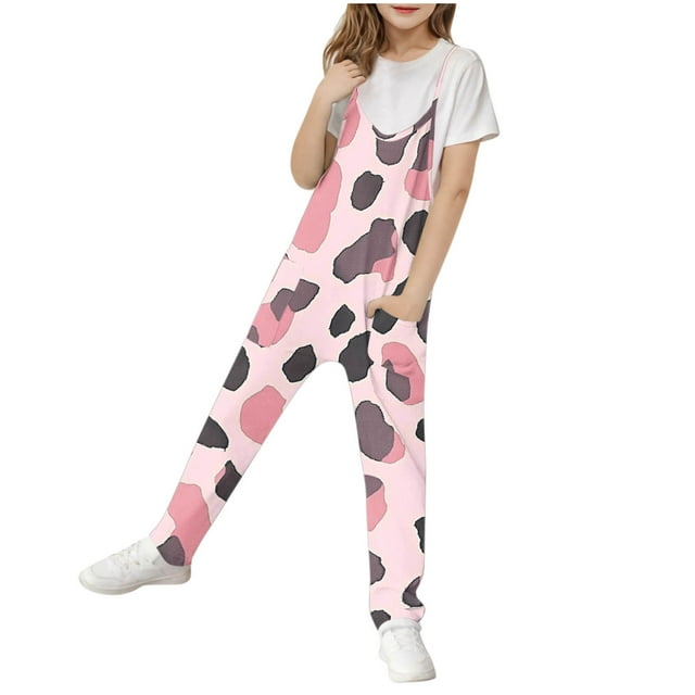 Odeerbi 5-14 Años Niñas Traje de Verano Impresión de Vaca Camisola Romper Primavera Respirable Comfortable Overalls Correa Bib Pantalones En General Traje de Juego