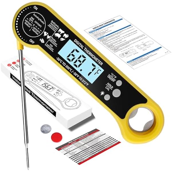 Instant Read Meat Thermometer with LCD Backlight, Waterproof Candy Thermometer and Food Thermometer for Cooking, Foldable Probe Meat Thermometer Digital for Grilling Baking Frying (Yellow)