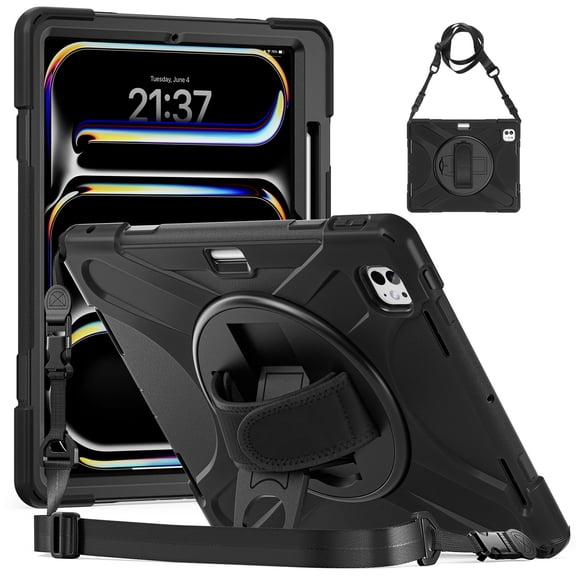For iPad Pro 13 M4 2024/iPad Pro 13 M5 2025 Case 13 inch, 360 Hand Strap, Shoulder Strap, Kickstand, Rugged Drop Protection, Black