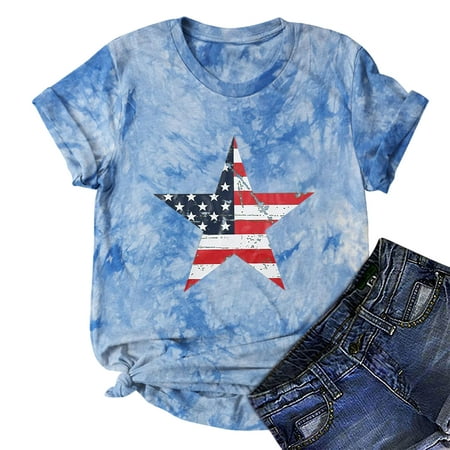 

Women s Shirt Tees Tie Dye Cute Short Sleeve T Shirt Vintage USA Flag Stars Stripes Print Tie-dye T-shirt Tops Blouse Gift Blue