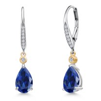 Gem Stone King 925 Silver and 10K Yellow Gold Blue Created Sapphire and White Lab Grown Diamond Dangle Earrings for Women | 5.12 Cttw | Gemstone September Birthstone | Pear Shape 9X6MM