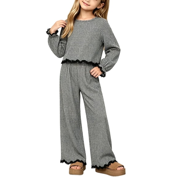 SERTGUTR Girls' Two Piece Outfit Long Sleeve Round Neck Gingham Top Wide Leg Pants Ruffle Trim Relaxed Fit Fall Winter School Casual Everyday Wear