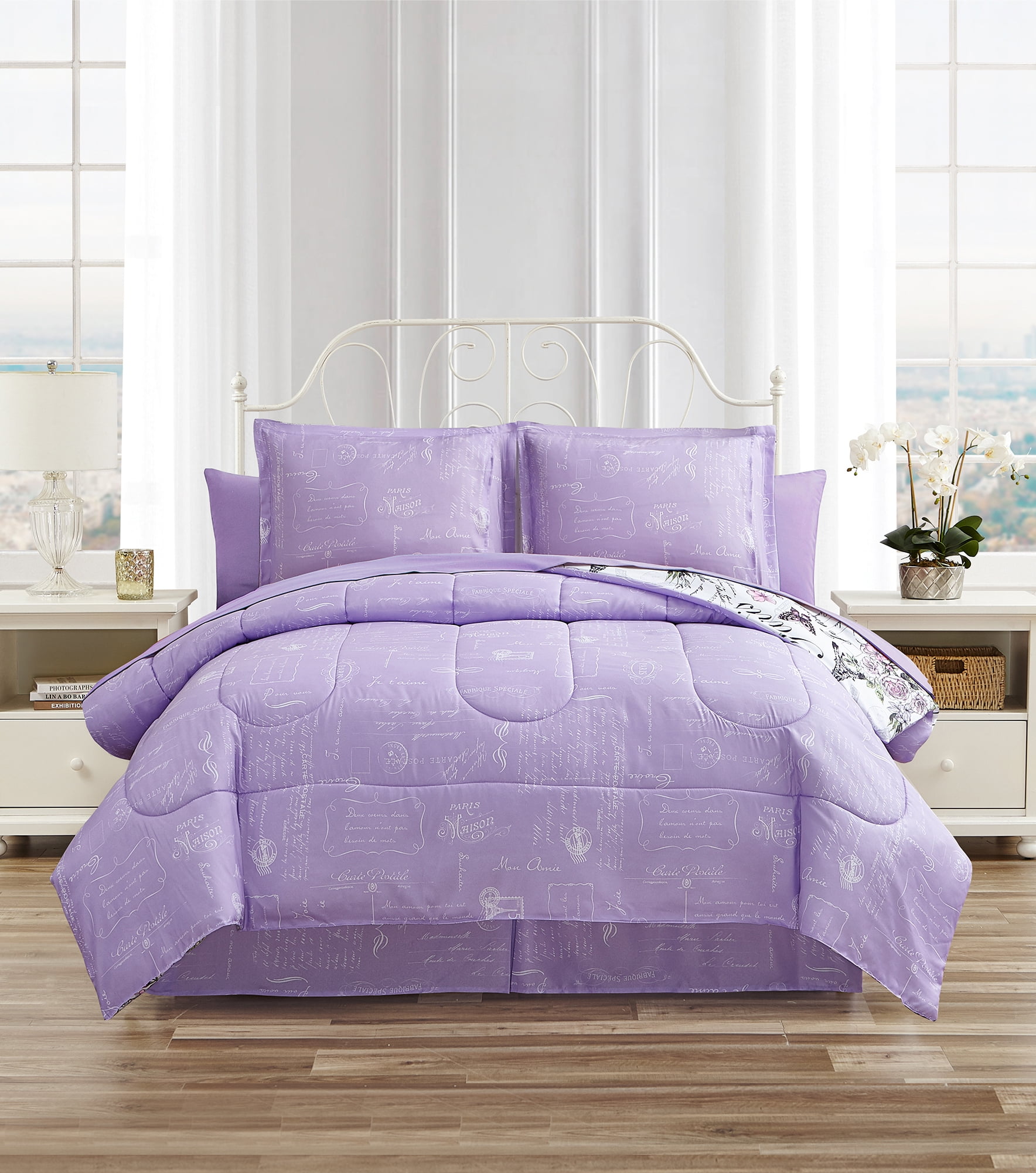 CEDAR COURT Paris Floral Lilac Ultra Soft Microfiber 8 Piece Reversible Comforter Bedding Set - Queen