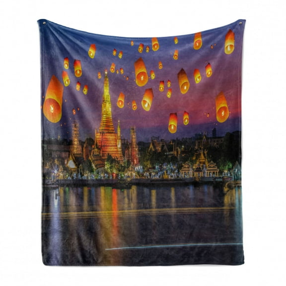 Lantern Soft Flannel Fleece Throw Blanket, Wat Arun Building Thailand Bangkok Coastline People Wishing Positive Culture, Cozy Plush for Indoor and Outdoor Use, 60" x 80", Multicolor, by Ambesonne