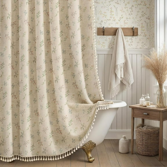 Psoiuetr Floral Farmhouse Vintage Linen Shower Curtain, French Country Shower Curtains for Bathroom with Tassels, 72Wx72H
