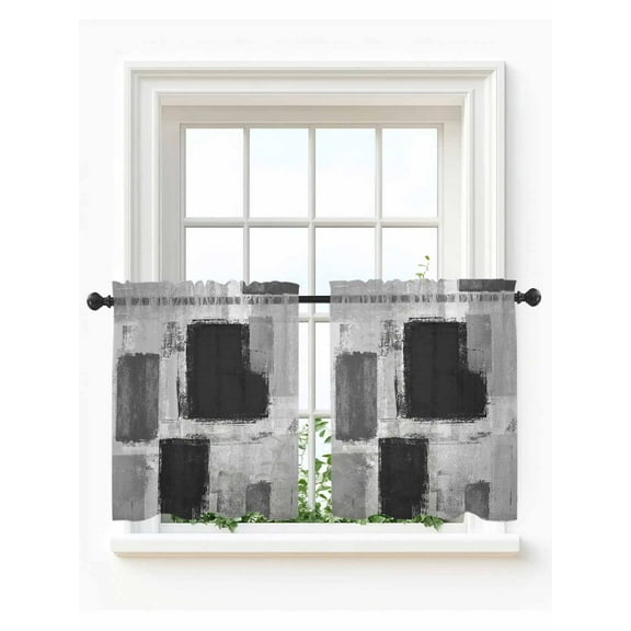 Black Grey Ombre Tier Curtains 24 Inch Length,Sheer Curtains for Bedroom Living Room,Vintage Abstract Smear Aesthetics Rod Pocket Voile Drapes Kitchen Curtains Small Half Window 27.5"x24" 2 Panels