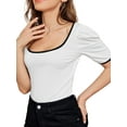 thumbnail image 2 of Lovito Elegant Plain Contrast Binding Puff Sleeve T-Shirts, 2 of 5