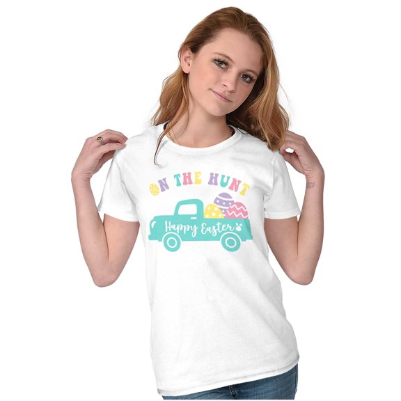 Happy Easter Truck On The Egg Hunt Womens Slim Fit Graphic Tee Brisco Brands S