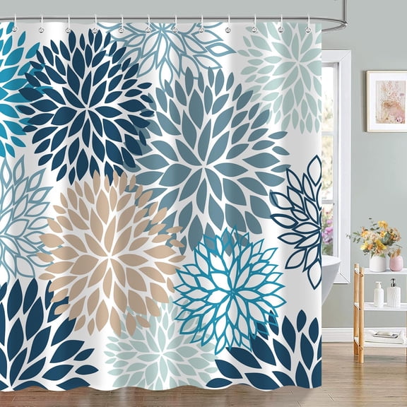 Blue Floral Shower Curtain Blue And Beige Dahlia Flower Fabric Bathroom Curtain With Hooks 71x71 Inches