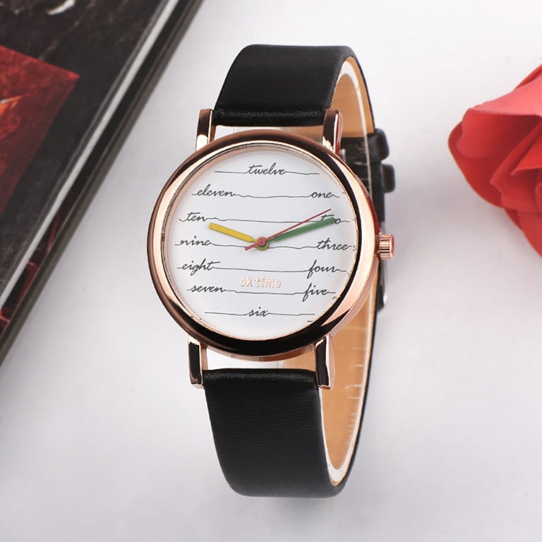 Farfi Fashion Women Faux Leather Band Letter Dial Analog Quartz Wrist Watch  Gift