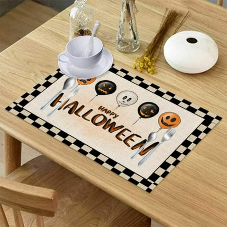 

Halloween Place Mats Set of 6 All Hallows Day Objects Haunted House Owl and Trick or Treat Candy Black Cat Washable Fabric Placemats for Dining Table
