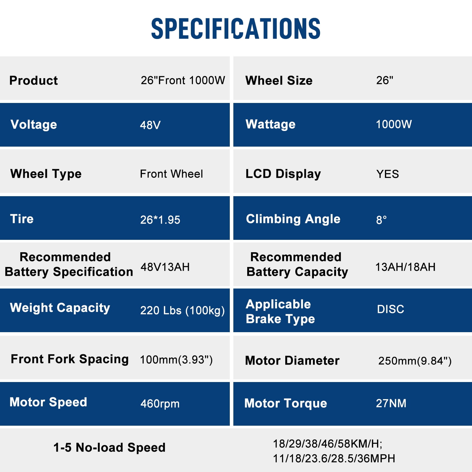 Winado 26"Front Wheel 48V 1000W Electric Bicycle Motor Kit Powerful Motor E-Bike Conversion Kit w/LCD Display