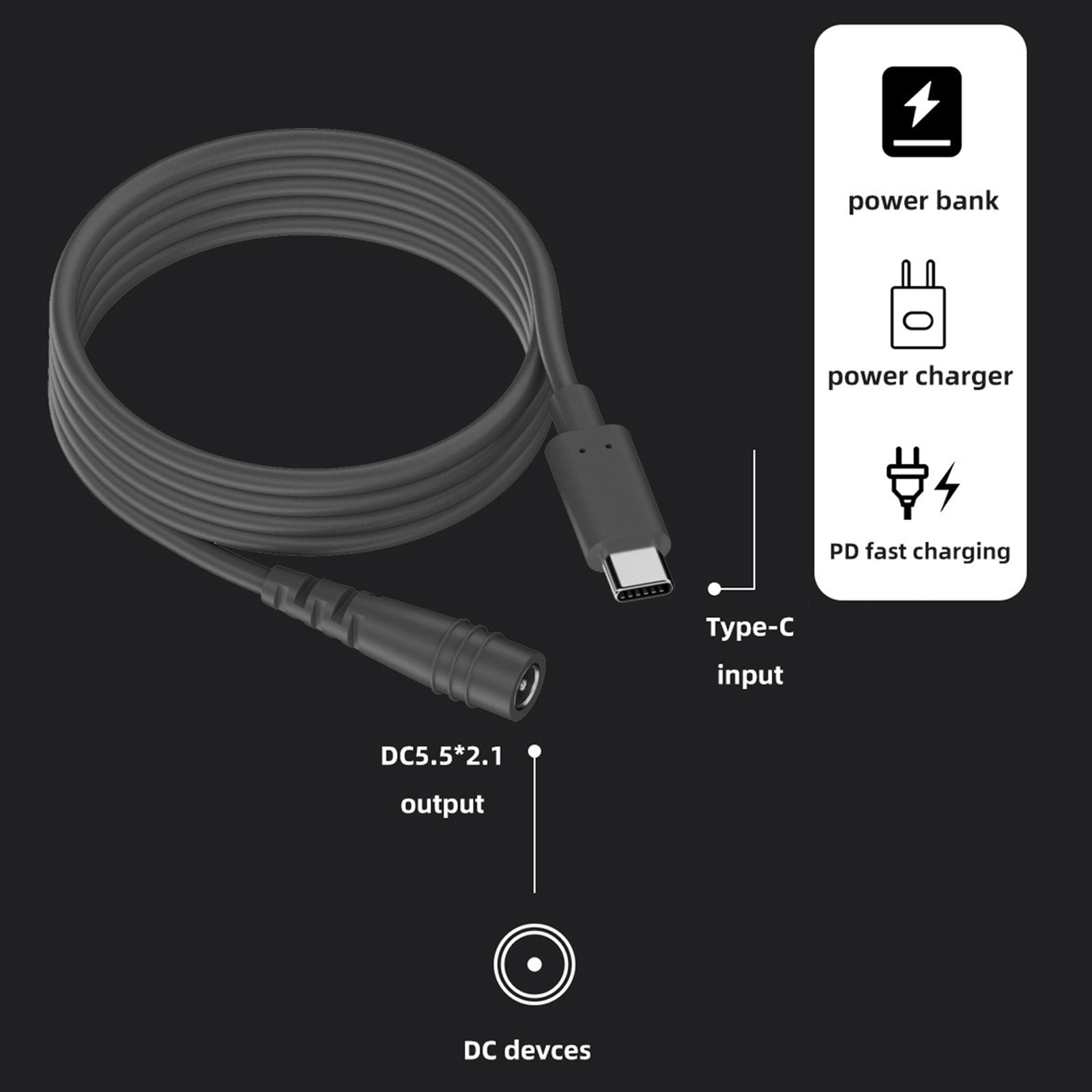 USB C to DC5521 5.5x2.1mm Power Adapter Cable Type C DC5521 Extension Cord for Various Electronic Devices Power Supply