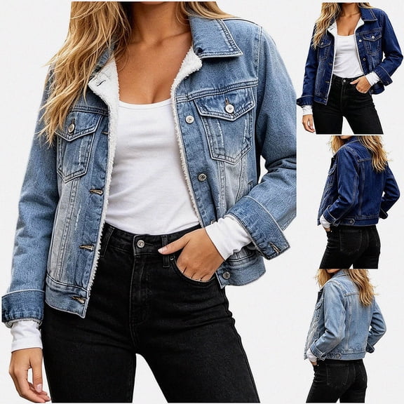 Zefriona Womens Fleece Lined Denim Jacket Long Sleeve Button Pocket Warm Winter Jean Coat Light Blue Size M
