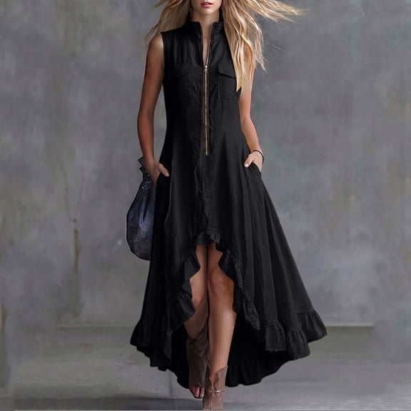 Women's Solid Color Sleeveless Lapel Zipper Jumpsuit Long Skirt Casual Fashion