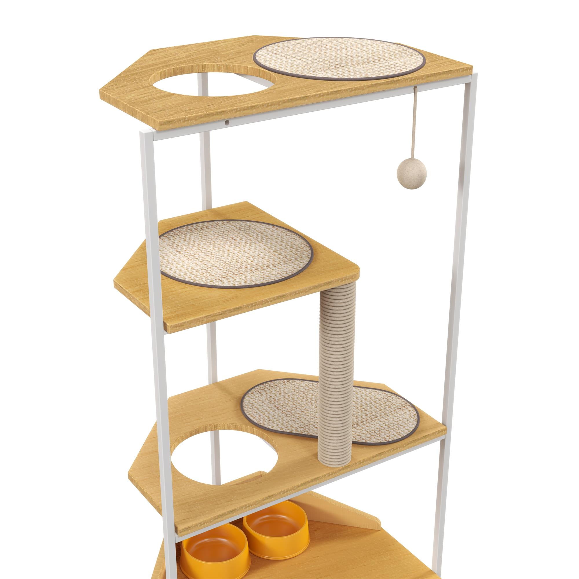 Pefilos 58" Cat House for Indoor Cats with Feeding Station and Climbing Platforms, Corner Cat Tree Tower, Cat Condo Furniture, Beige Pefilos 58" Cat House for Indoor Cats with Feeding Station and Climbing Platforms, Corner Cat Tree Tower, Cat Condo Furniture, Beige