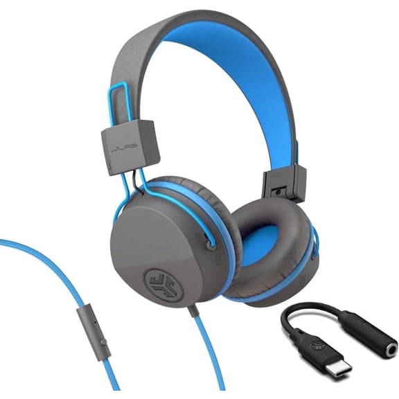 JLab JBuddies Studio On-Ear Wired Kids Headphones 2-in-1 Bundles, 3.5mm Plus USB-C Adapter, Volume Safe, Folding, Grey/Blue