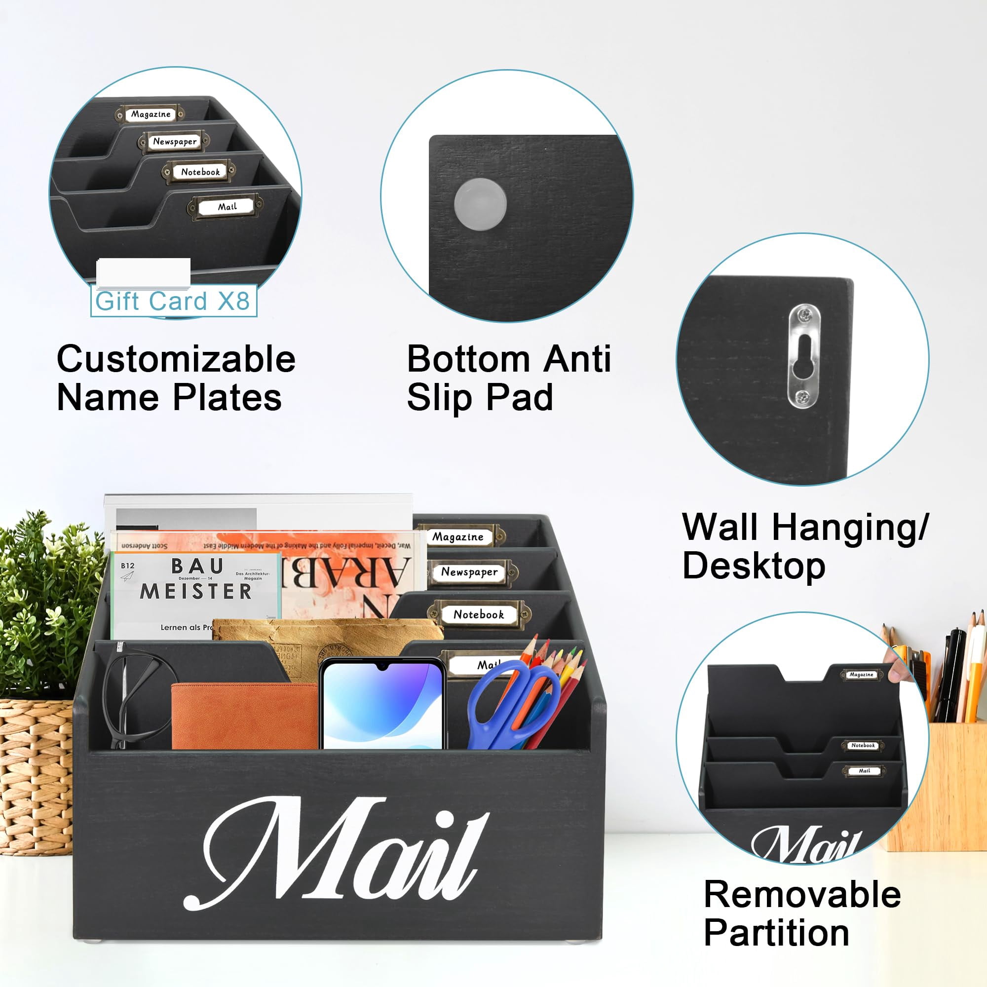 Rustic Mail Organizer for Desk, Mail Holder File Organizer Wall Mount, Office Accessories Mail Organizer Countertop with Removable Partitions, Desk Organizer for File Paper Folder, Black