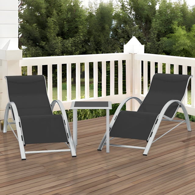 Gaderth Ensemble de 3 Pcs de Chaises Longues de Patio avec Table d'Appoint, Chaises Longues d'Extérieur Inclinables Réglables, Chaises Longues de Bord de Piscine en Aluminium avec Tissu à Séchage Rapide pour Plage, Jardin, Cour Arrière, Terrasse
