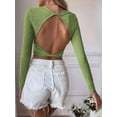 thumbnail image 4 of Women'S Backless Long Sleeve Ribbed Knit Crop Top Slim Fit Crew Neck Twist Back Cut Out Fitted Shirt Green L, 4 of 8