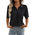 thumbnail image 4 of Womens Work T Shirts Tops Collared Solid Color Knit Pullover Loose Short Sleeved Boho Shirts, 4 of 9