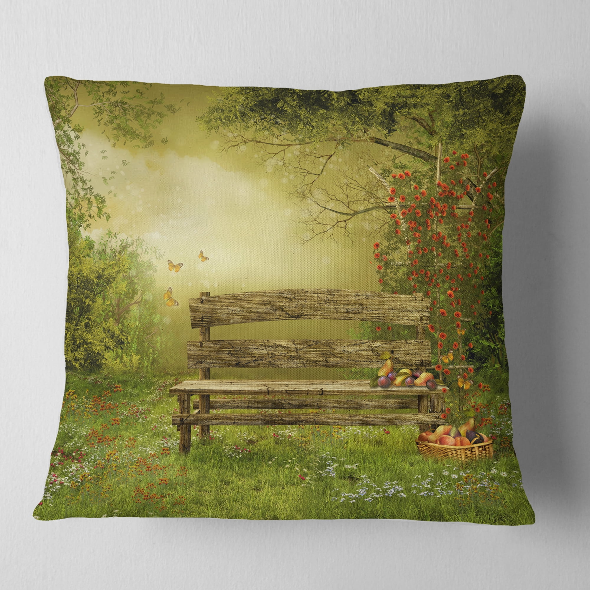 Designart Wooden Bench in Village Orchard - Landscape Printed Throw Pillow - 18x18