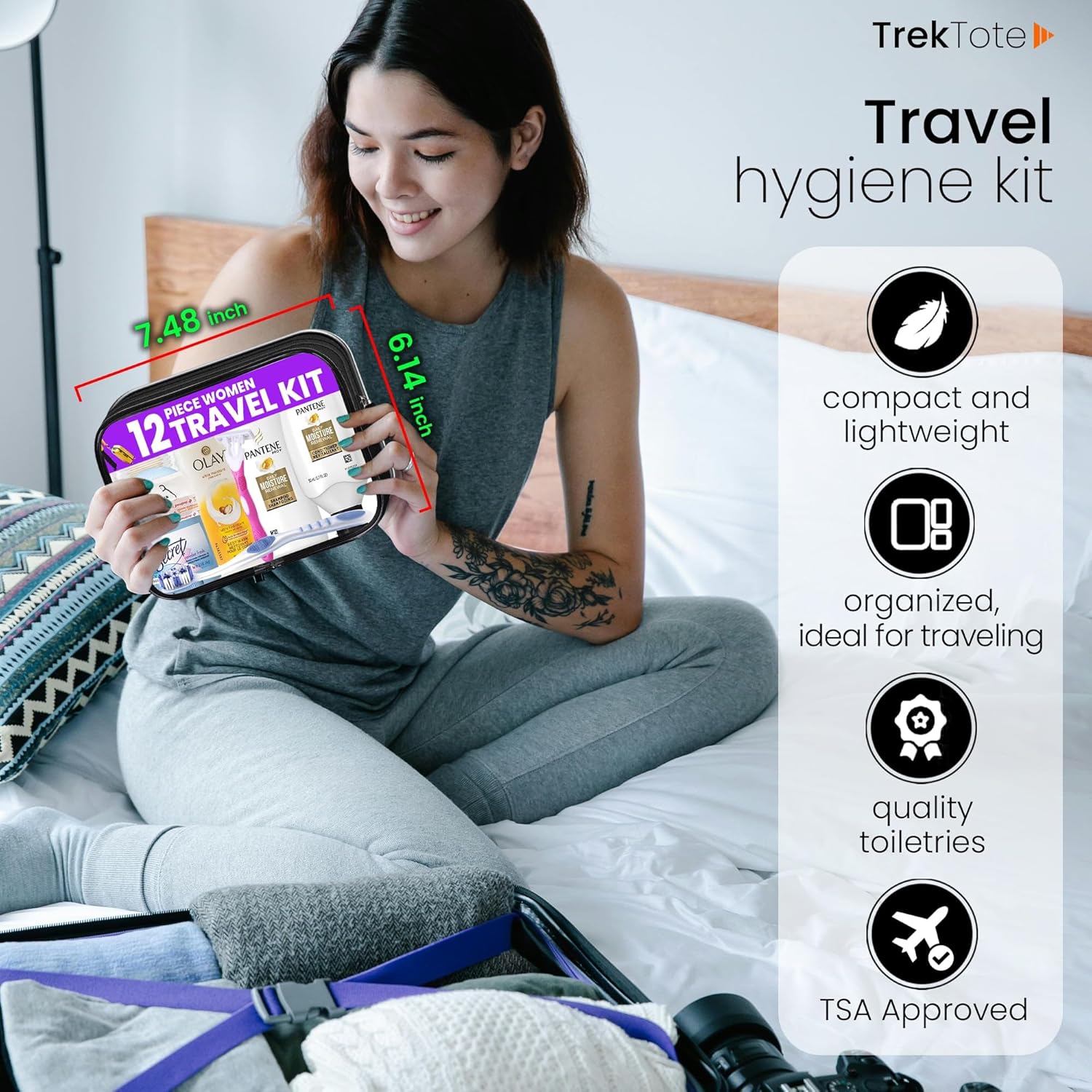 Trektote Bulk Hygiene Kit For Women – (50 Pack) 12 Piece Set Of Travel Size Toiletries, TSA Compliant, Bulk Travel Essentials, Includes Shampoo And Conditioner, Body Wash, Toiletry Bag & More