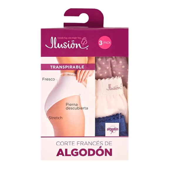 Pantaleta Ilusión para Mujer, Corte Francés Algodón 3 Piezas Multicolor Talla G