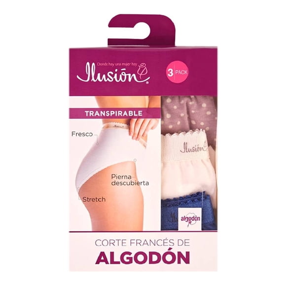Pantaleta Ilusión para Mujer, Corte Francés Algodón 3 Piezas Multicolor Talla G