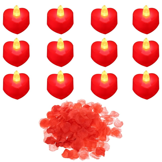 Unique Bargains Heart Shape LED Candle Flameless Candles, Red Light with Artificial Red Rose Petals, 12 Pack