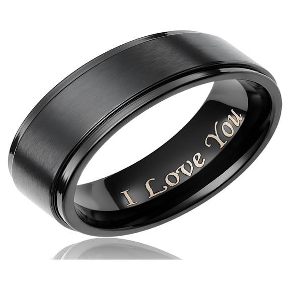DESIGNICE Mens Wedding Band in Titanium 8Mm Black Plated Ring - Engraved I Love You