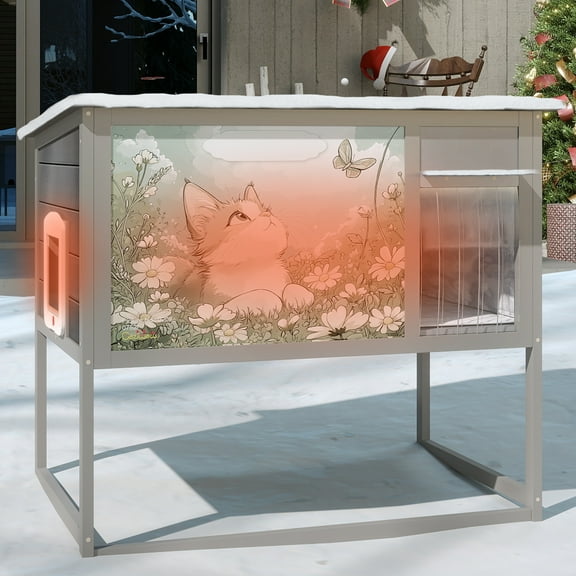 Insulated Warm Outdoor Cat House & Condos , Raised Weatherproof Kitten Shelter for Outside with All-Round Foam, Feral Cat Wooden Enclosure for Small Medium