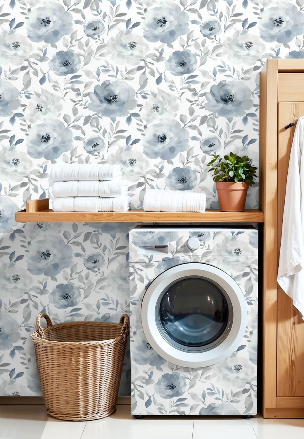 Boho Peel and Stick Wallpaper Vintage Blue Grey Floral Watercolor Leaves Contact Paper 17.7in x 9.8ft Wallpaper Removable Self Adhesive Wall Paper for Bedroom Nursery