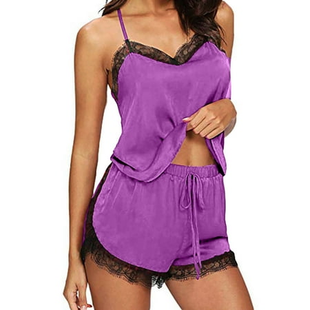 gakvbuo Plus Size Silk Satin Pajamas For Women Sleepwear Sexy Lingerie Split 2 Piece Pajamas Loungewear Set Vest Cami Top Shorts Set Babydoll Lace Up Nightwear