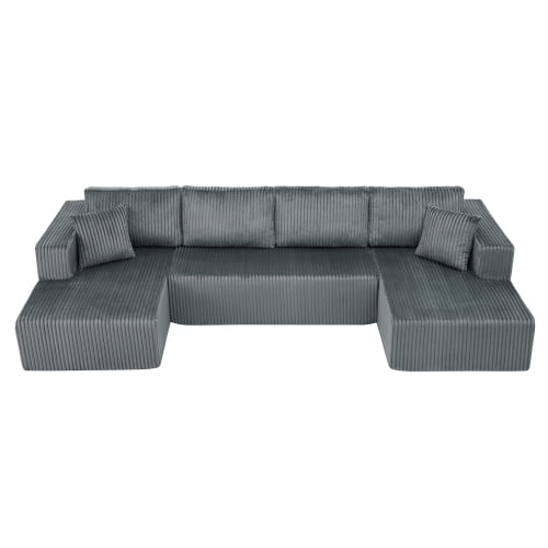 132" U-Shaped Modular Sectional Sofa, Compressed Cloud Couch with Side Pockets, Corduroy Memory Foam Sleeper Sofa, No Assembly Required, Gray
