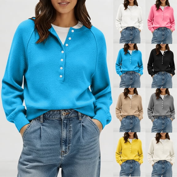 JGGSPWM Womens Half Button V-Neck Sweater Solid Color Lightweight Fall Long Sleeve Pullover Tops Trendy Cute Crop Sweatshirt Yellow XL