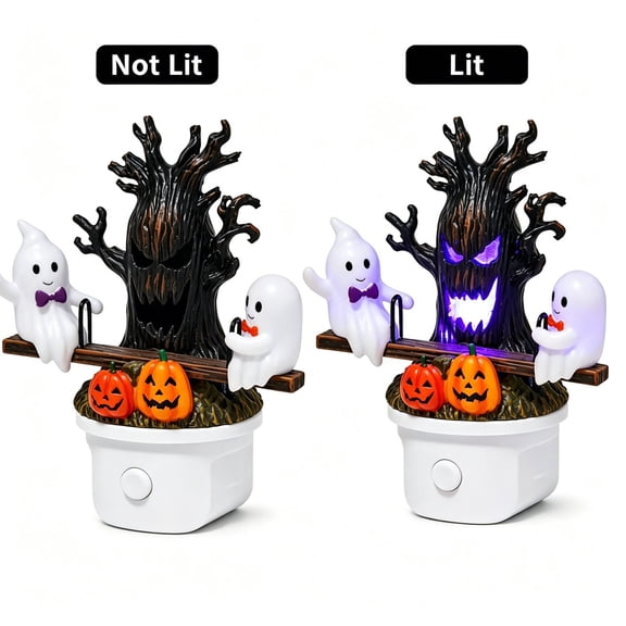 3D Ghost Night Light On The Seesaw, with Haunted Tree, Purple Glowing, Plug-in Resin Halloween Lights For Indoor Halloween Scene