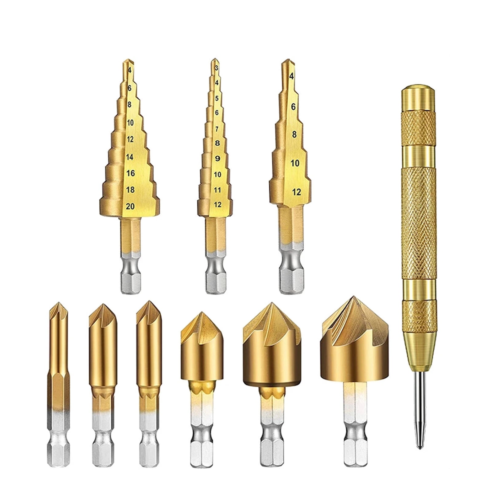 6 Pieces Titanium Coated Straight and Spiral Step Drill Bit Set Hex Shank Kit for Iron Plate Aluminum PVC Board 4Mm T