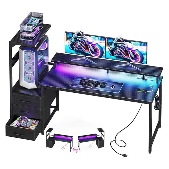 59 Inch Gaming Desk with USB Charging Ports & LED Light - Reversible Computer Desk with 3 Fabric Drawers, Monitor Stand, CPU Stand, and Side Hook, Modern Office Desk, Pure Black