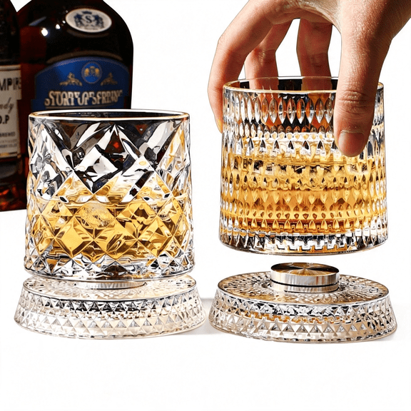 BPPEG Spinning Whiskey Glasses Set 4 9.5Oz Lead-Free Crystal Old Fashioned Rocks Glasses 360° Rotating Bases 4 Led Lights Ice Ball Molds Bourbon Scotch Whiskey Cocktails Men Gift