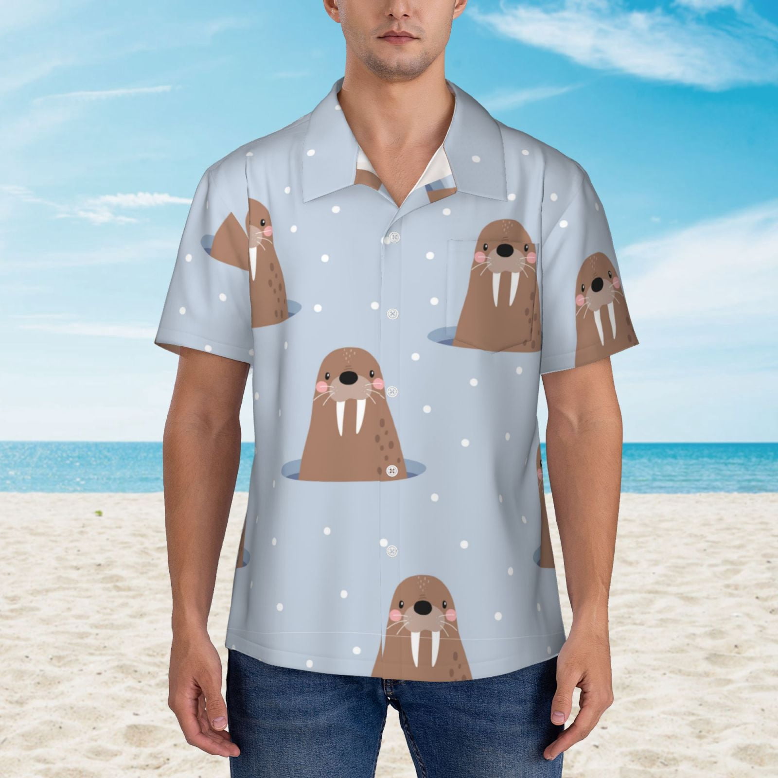 Logiee Playful Walrus Wonders Print Mens Hawaiian Shirts,Loose-Fit Short Sleeve Button Down Tropical Aloha Beach Shirt,Summer Vacation Wedding Tops,3X-Large
