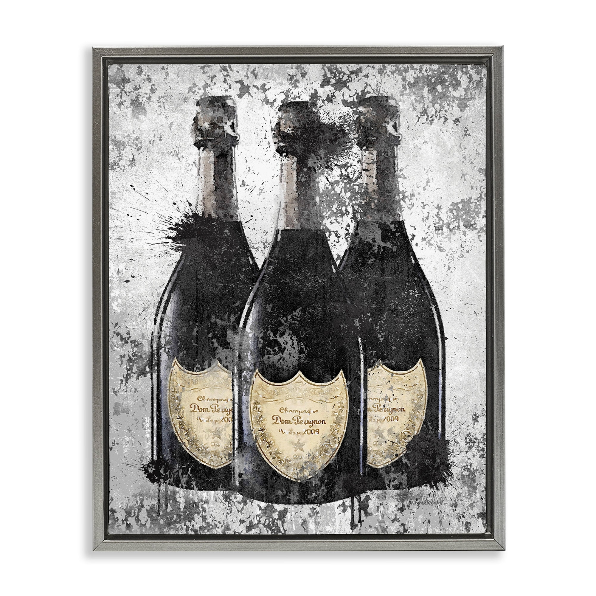 Stupell Industries Champagne Bottles Grey Gold Ink Illustration Luster Gray Framed Floating Canvas Wall Art, 16x20, by Amanda Greenwood