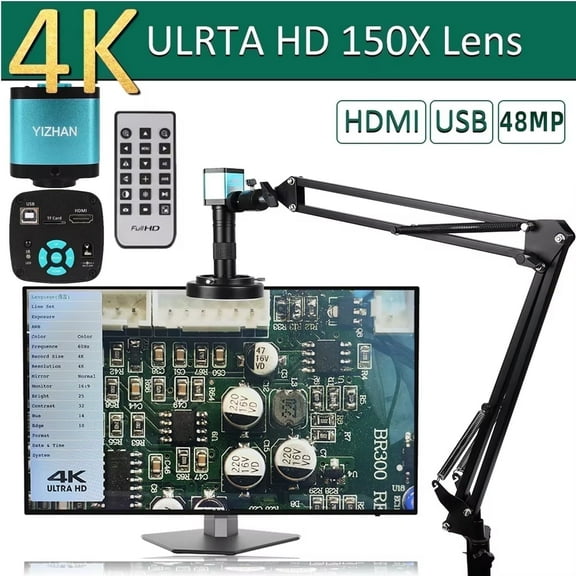 Adjustable Microscope Arm 150x Zoom C Mount Lens Camera Light, 48MP 4K 1080P HDMI USB Digital Camera Industrial Video Microscope Mount Repair Soldering Stand Clamp (48MP Set)